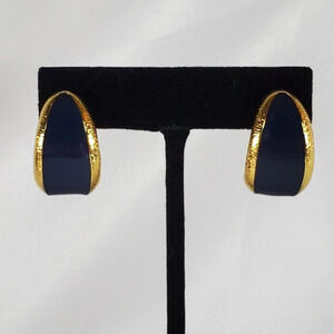 Vintage Anne Kline Gold Tone  & Navy Enamel Prong Earrings singed AK